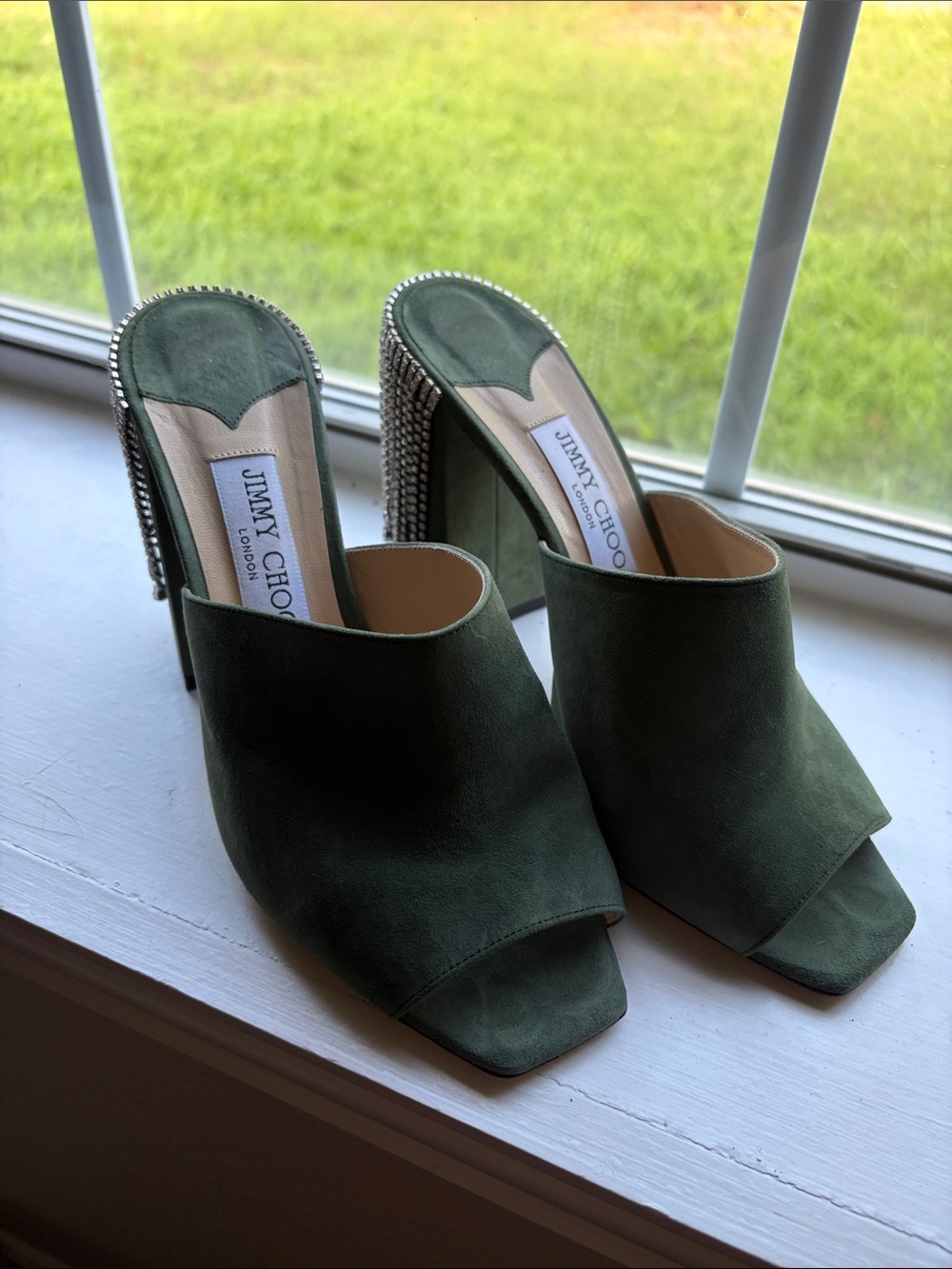 Jimmy Choo Baia Suede Crystal-Trim Block Heel Mules